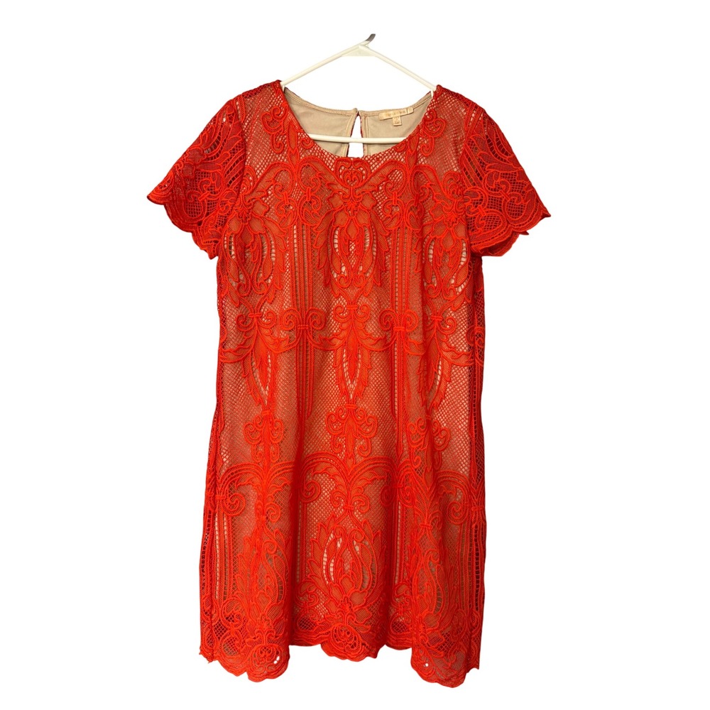 Skies‎ Are Blue Lace Dress M/P Womens Orange Short Sleeve Lined Party Cocktail